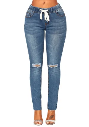 Medium Blue Drawstring-Waist Washout Ripped Skinny Jeans