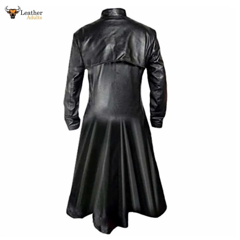 Mens Black Cowhide Leather Long Matrix Trench Coat Goth Steampunk Van Helsing Trench Coat Gothic T17