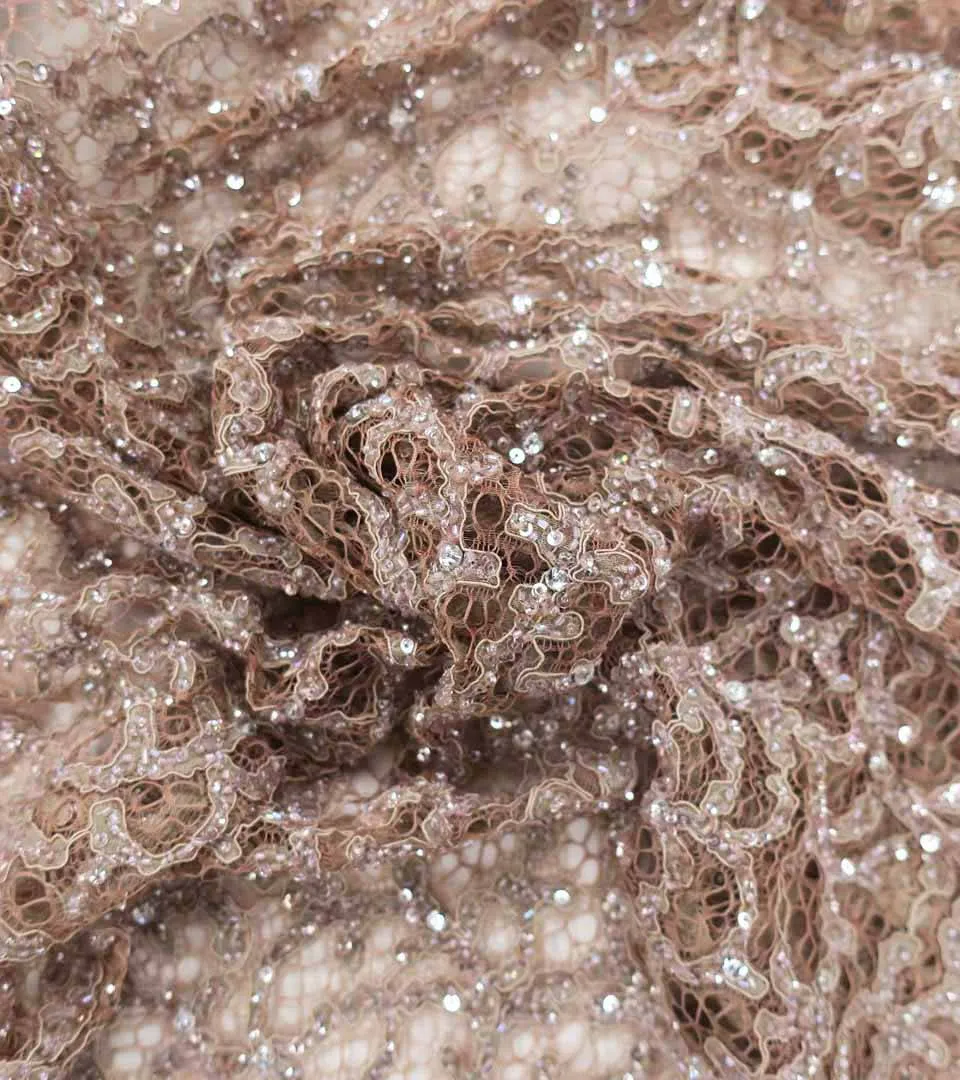 Nude Brown Abstract Embroidered Tulle Fabric