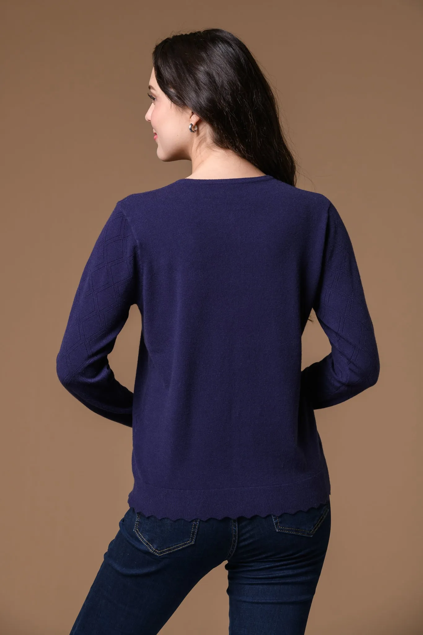 Pointelle Scallop Hem Cardi- Navy