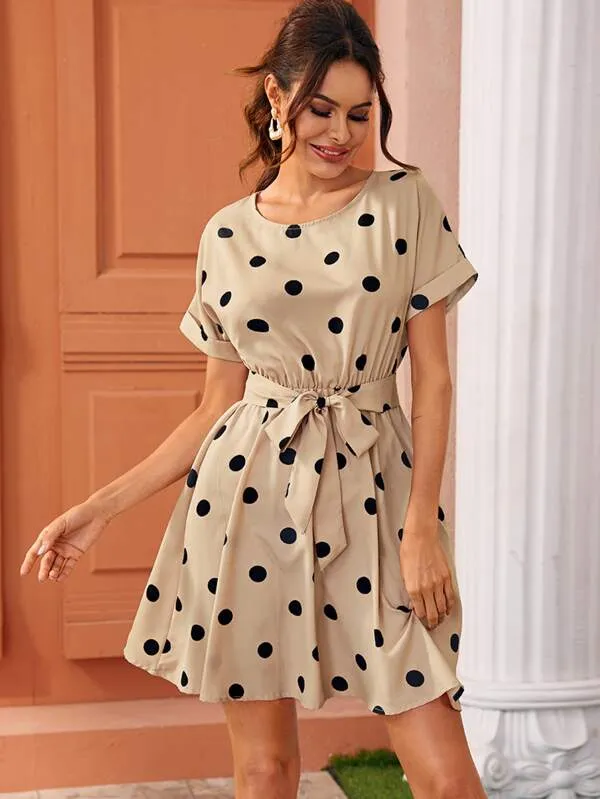 Polka Dot Batwing Sleeve Self Tie Flowy Dress