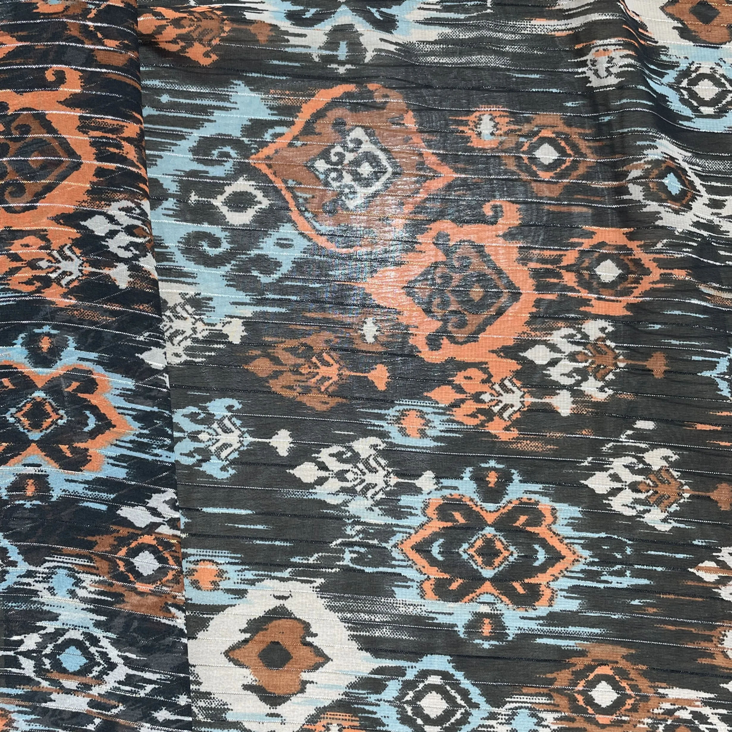 Premium Orangee Black Ikkat Print Chiffon Fabric