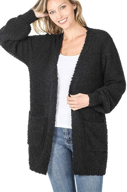 Puff Sleeve Popcorn Cardigan With Pockets