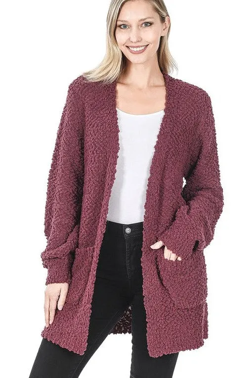 Puff Sleeve Popcorn Cardigan With Pockets