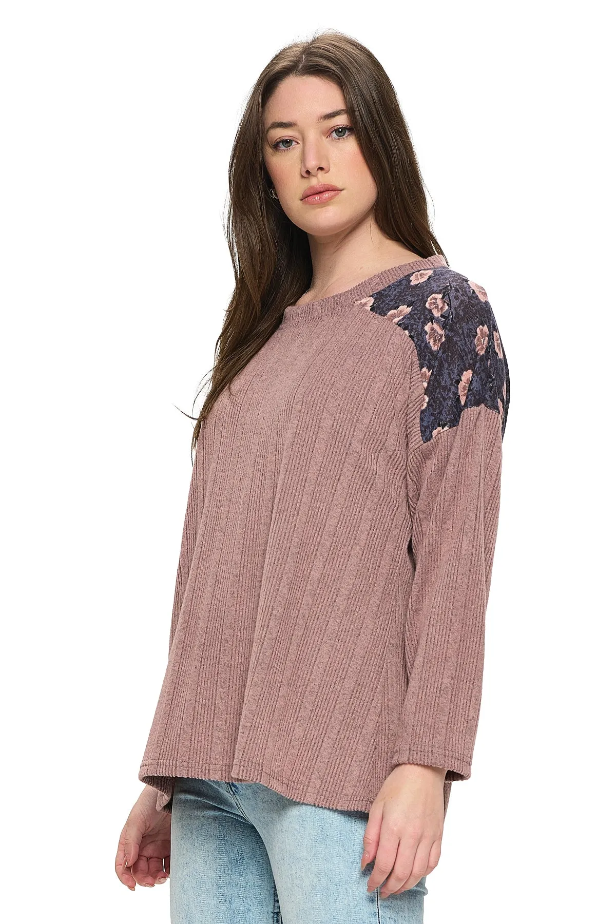 Pullover Oversized Ribbed Floral Shoulders