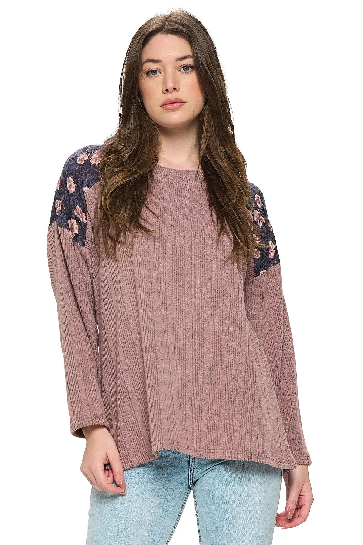 Pullover Oversized Ribbed Floral Shoulders