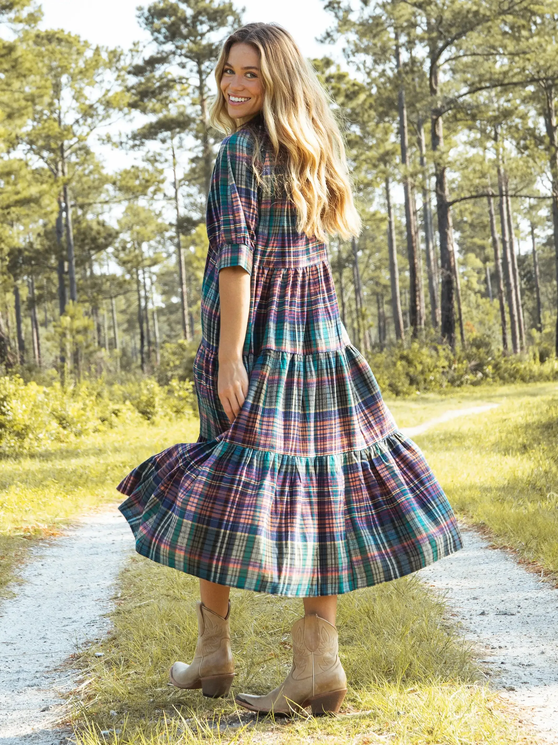 Rebecca Flannel Midi Dress - Rainbow Plaid