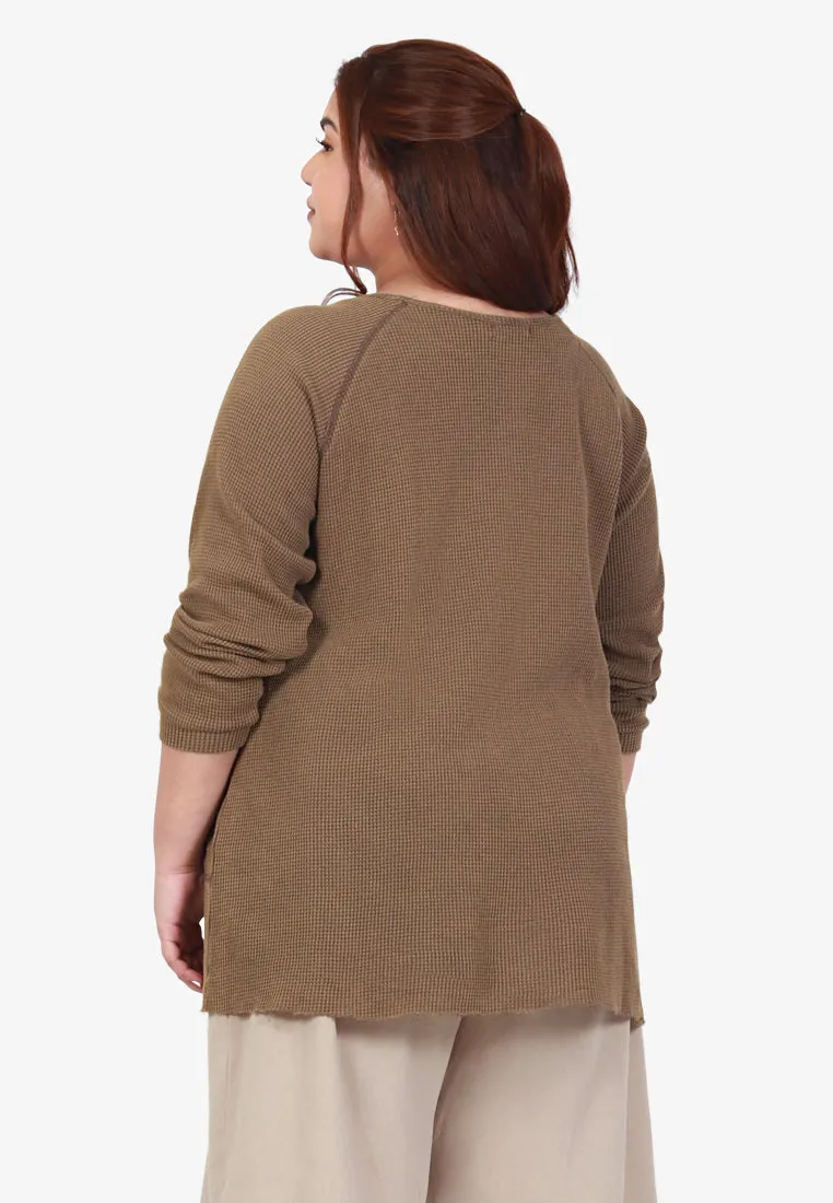 Rucia Scoop Neck Cosy Waffle Top - Khaki Green