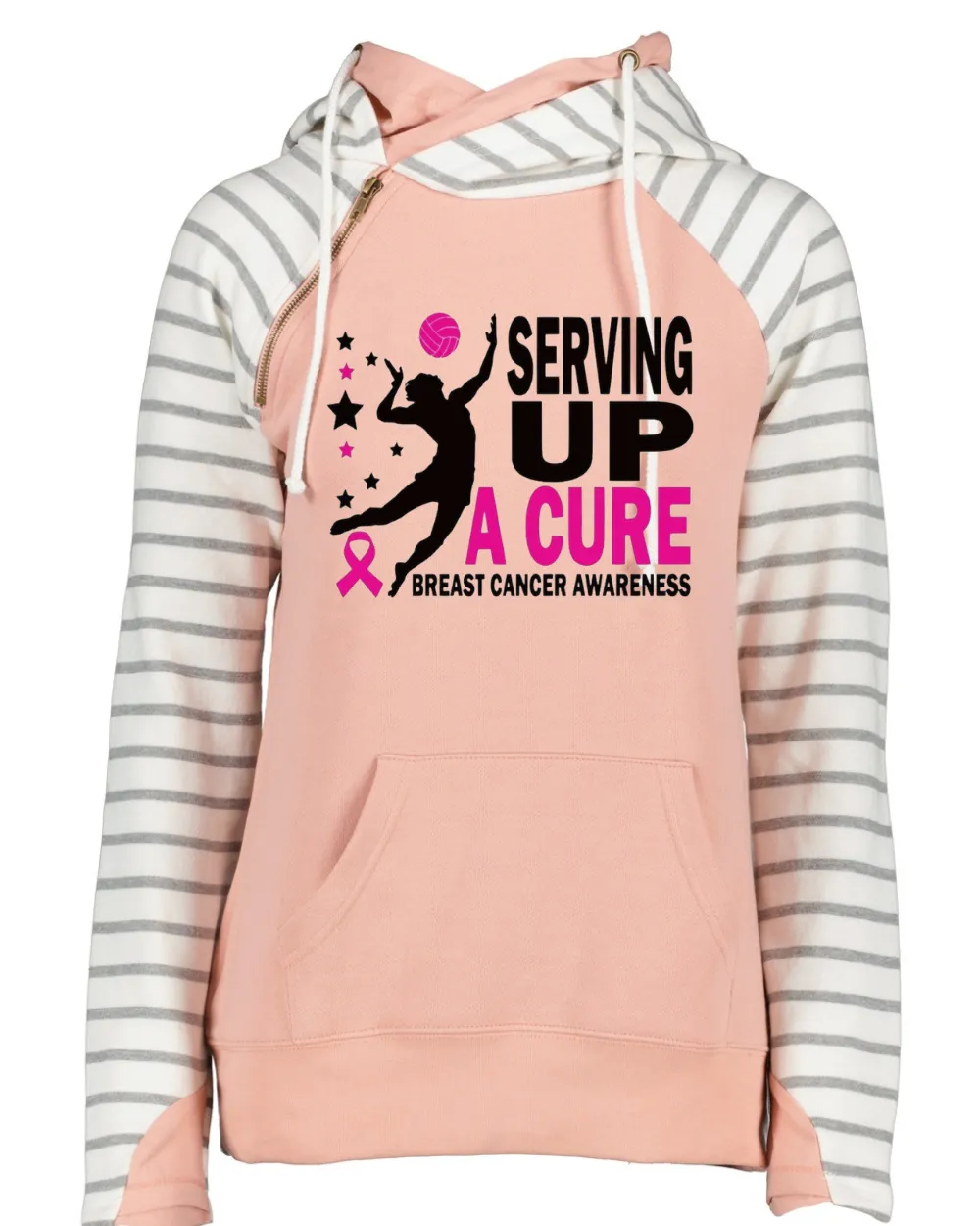 Serving Up A Cure Volleyball Pink Out Breast Cancer Awareness Women's Cowl Double Hood Top