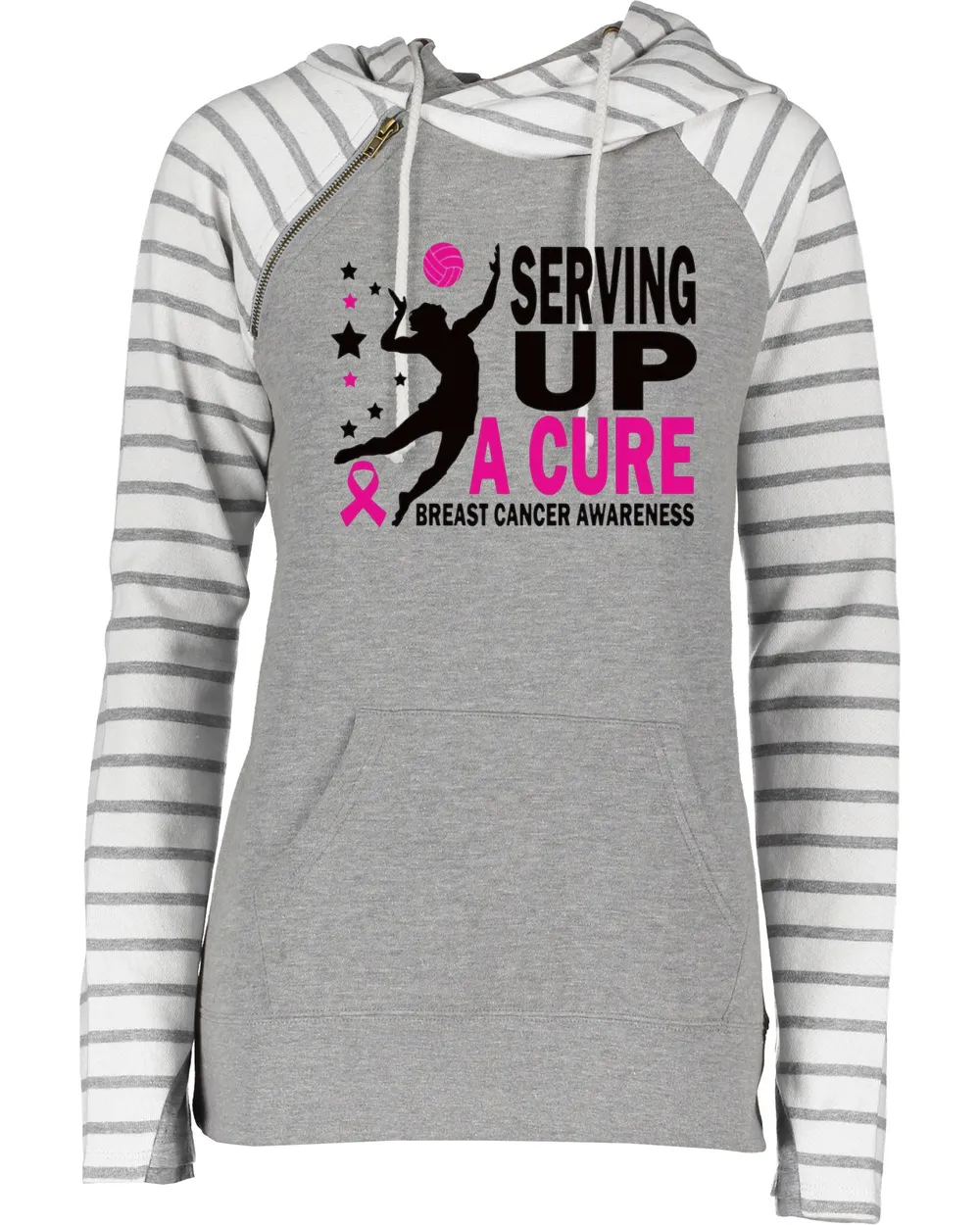 Serving Up A Cure Volleyball Pink Out Breast Cancer Awareness Women's Cowl Double Hood Top