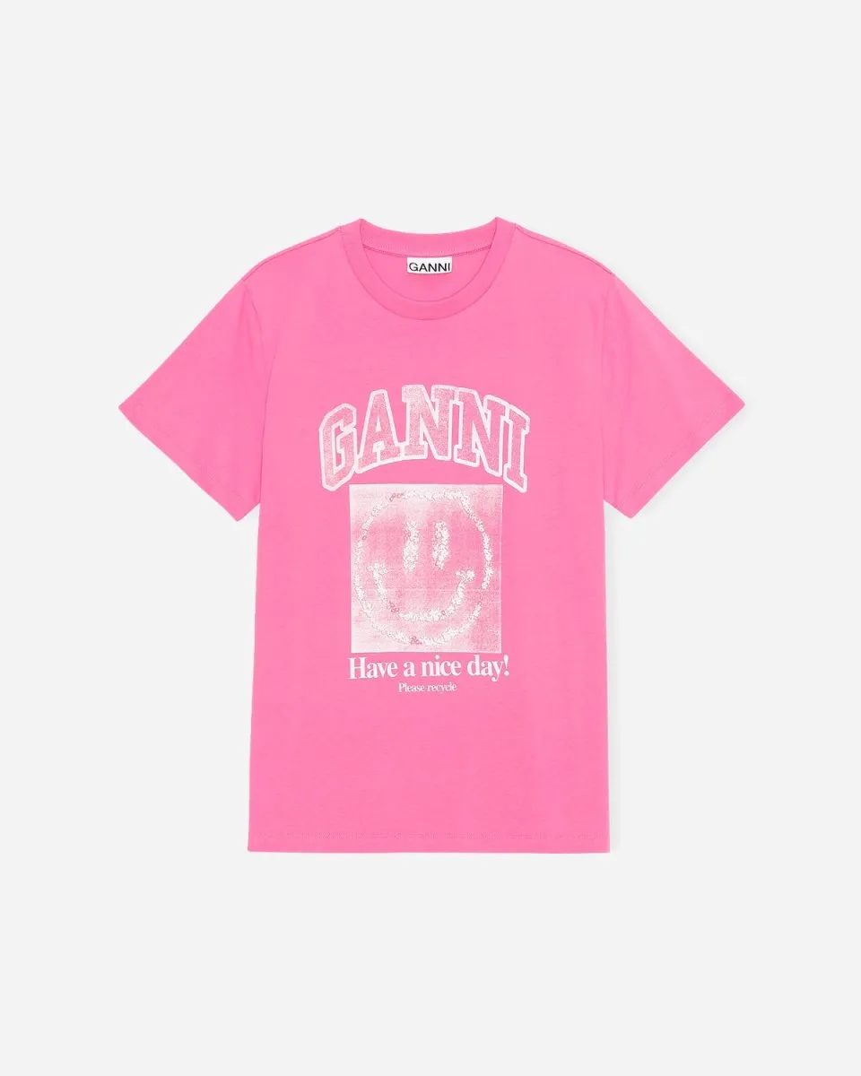 Smiley O-neck Relaxed T-shirt - Carmine Rose