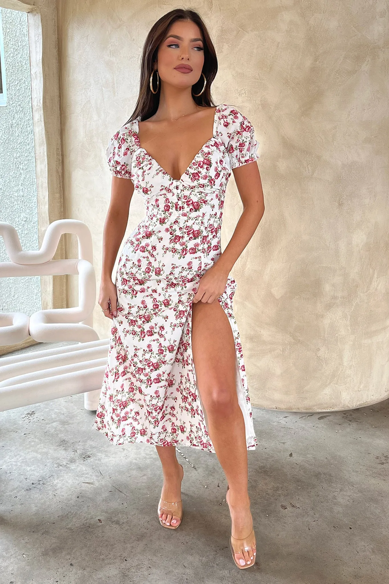 Solem Midi Dress - White / Rose Floral