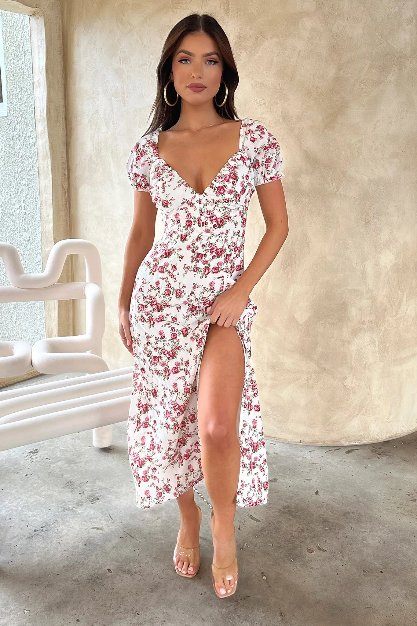 Solem Midi Dress - White / Rose Floral