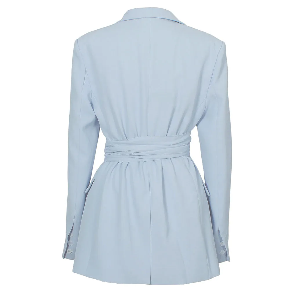 Trendy Eyelet Detail Belted Long Sleeve Lapel Collar Blazer - Blue