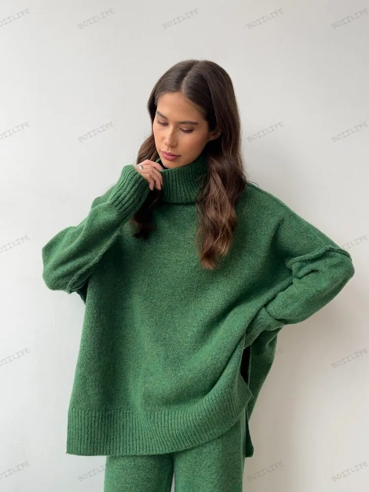 Turtleneck Split Sweater Loose Knit Pants Set