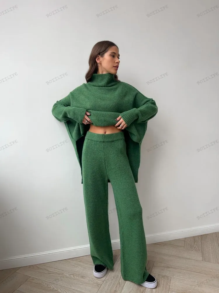 Turtleneck Split Sweater Loose Knit Pants Set