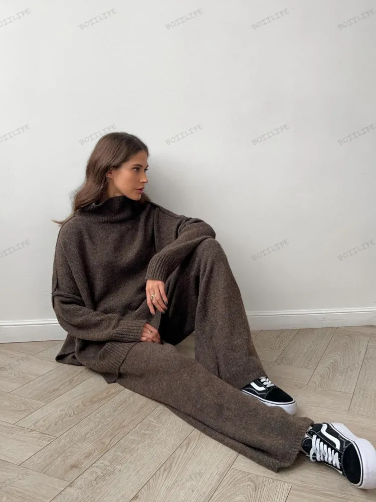 Turtleneck Split Sweater Loose Knit Pants Set