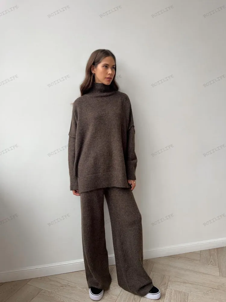 Turtleneck Split Sweater Loose Knit Pants Set