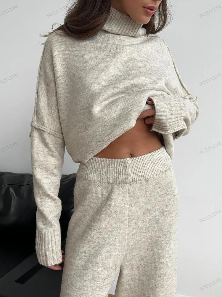 Turtleneck Split Sweater Loose Knit Pants Set