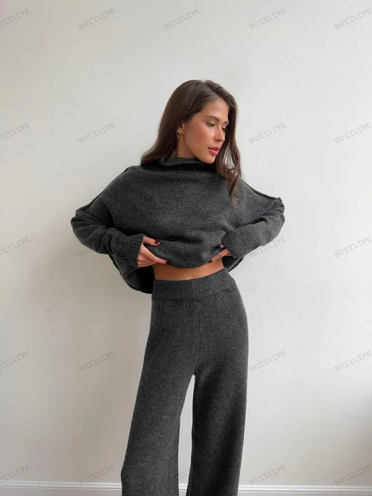 Turtleneck Split Sweater Loose Knit Pants Set