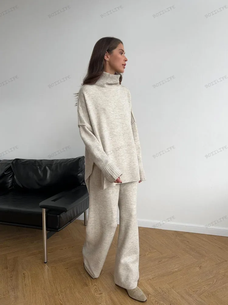 Turtleneck Split Sweater Loose Knit Pants Set