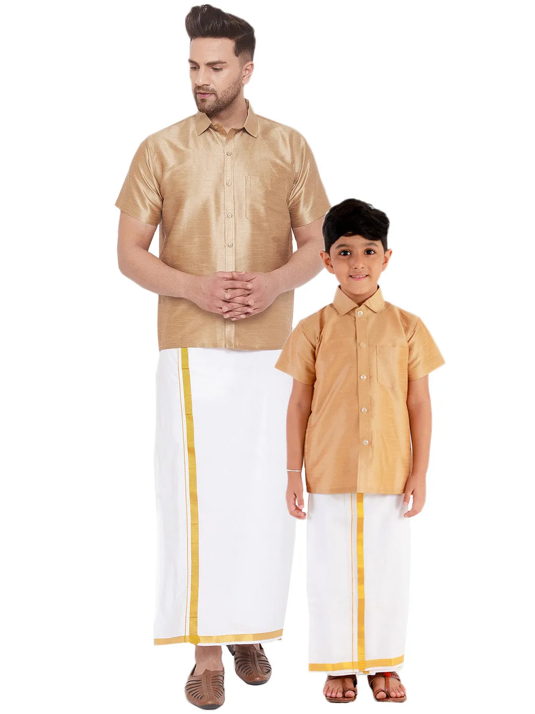 VASTRAMAY Men's & Boys Rose Gold Solid Silk Blend Half Sleeve Ethnic Shirt And Mundu Set