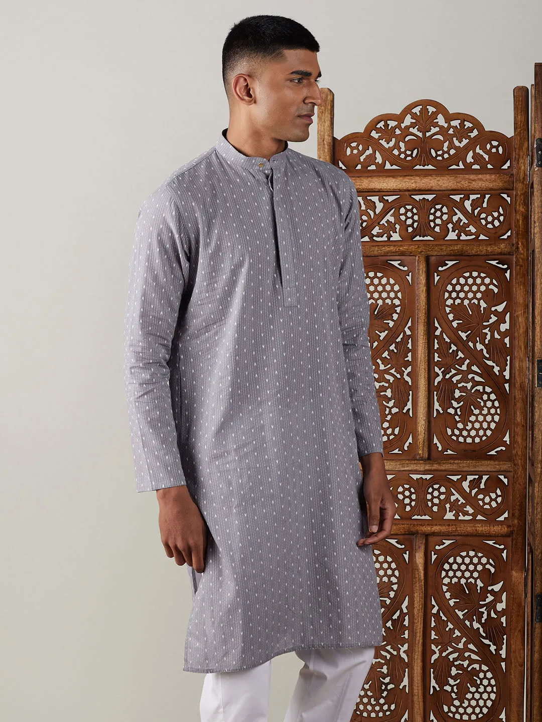 VASTRAMAY Men's Grey Jacquard Cotton Kurta