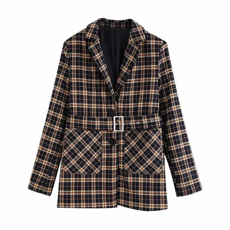 Vintage Women Plaid Blazers Suit Sashes Pockets