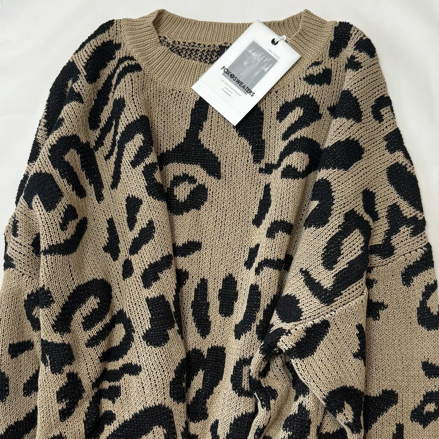 Vitnage Style Khaki Leoaprd Print Oversized Pullover Long Sweater