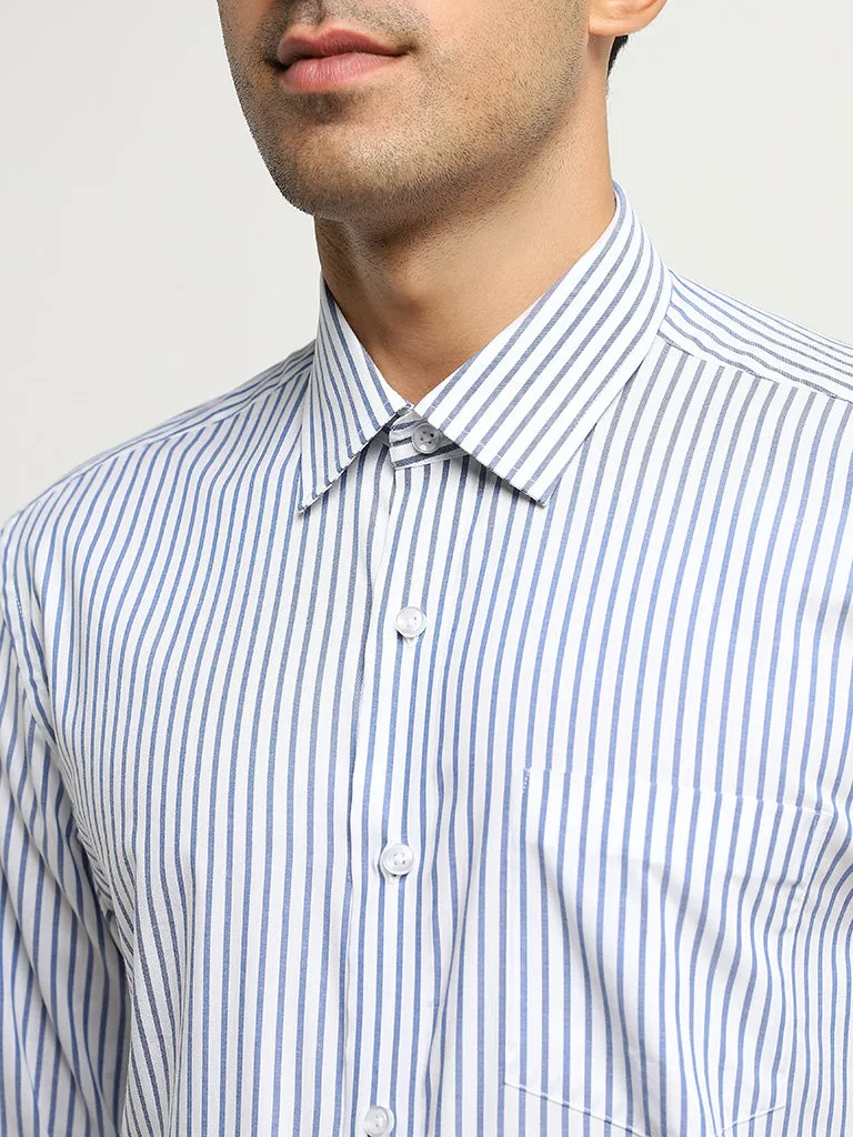 WES Formals Blue Striped Cotton Relaxed-Fit Shirt