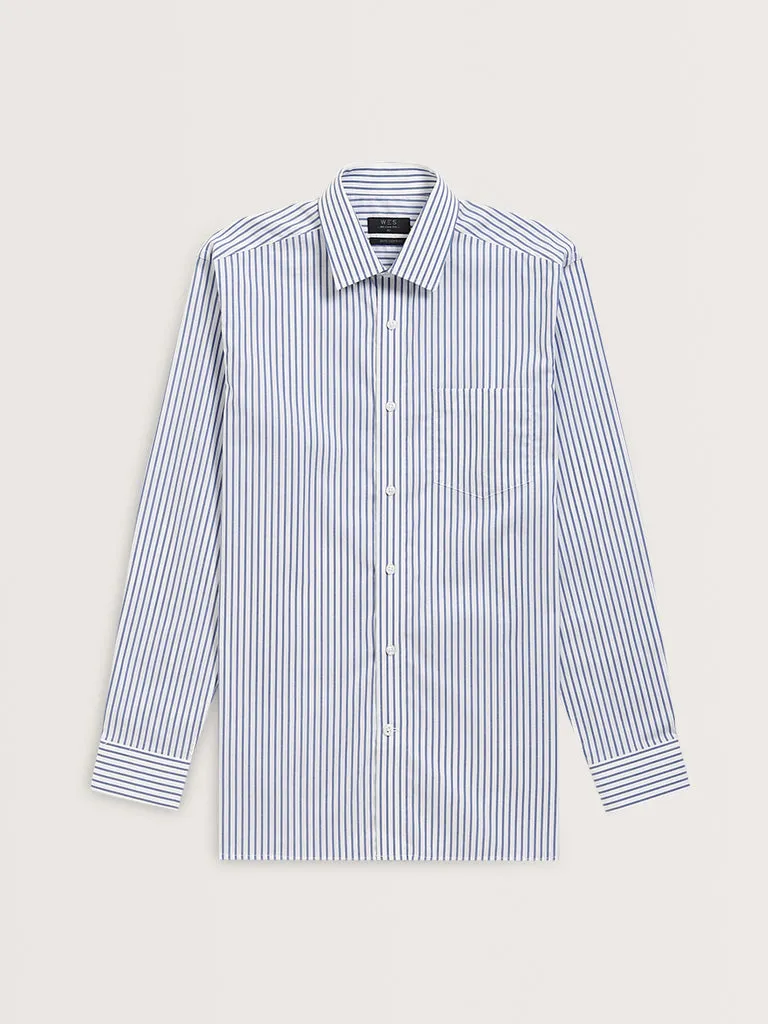 WES Formals Blue Striped Cotton Relaxed-Fit Shirt