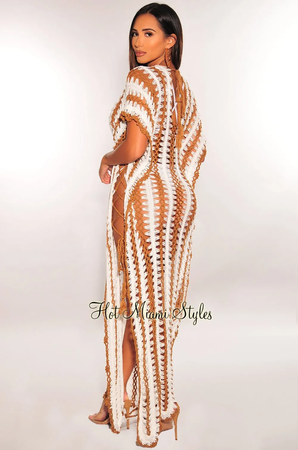 White Mocha Crochet V Neck Side Lace Up Cover Up Maxi Dress