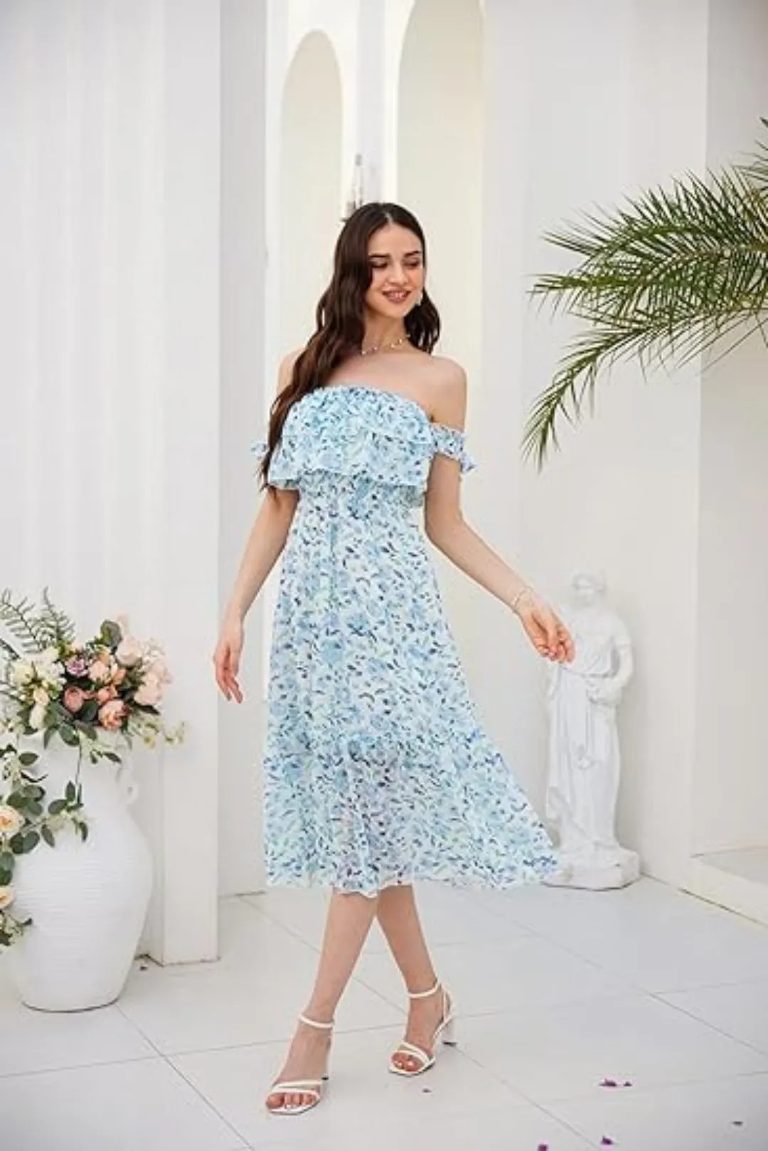 Women Blue Floral Chiffon Strapless Summer Dress- L