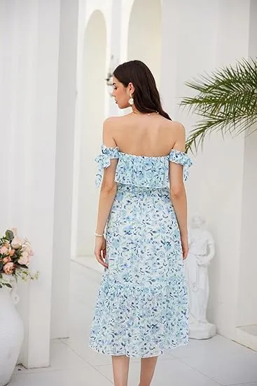 Women Blue Floral Chiffon Strapless Summer Dress- L