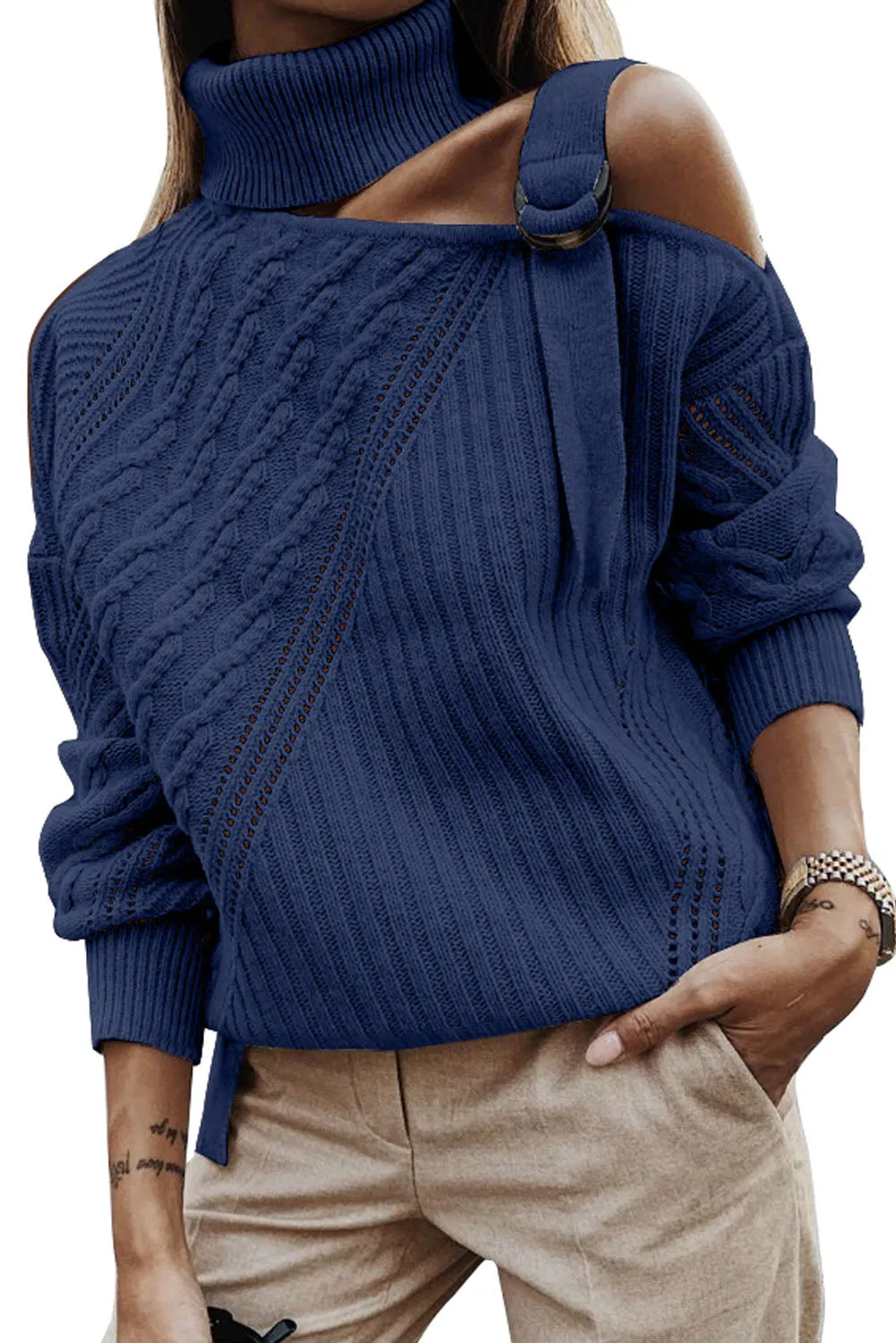 Women Solid Color Strapped Cut out Shoulder Turtleneck Sweater