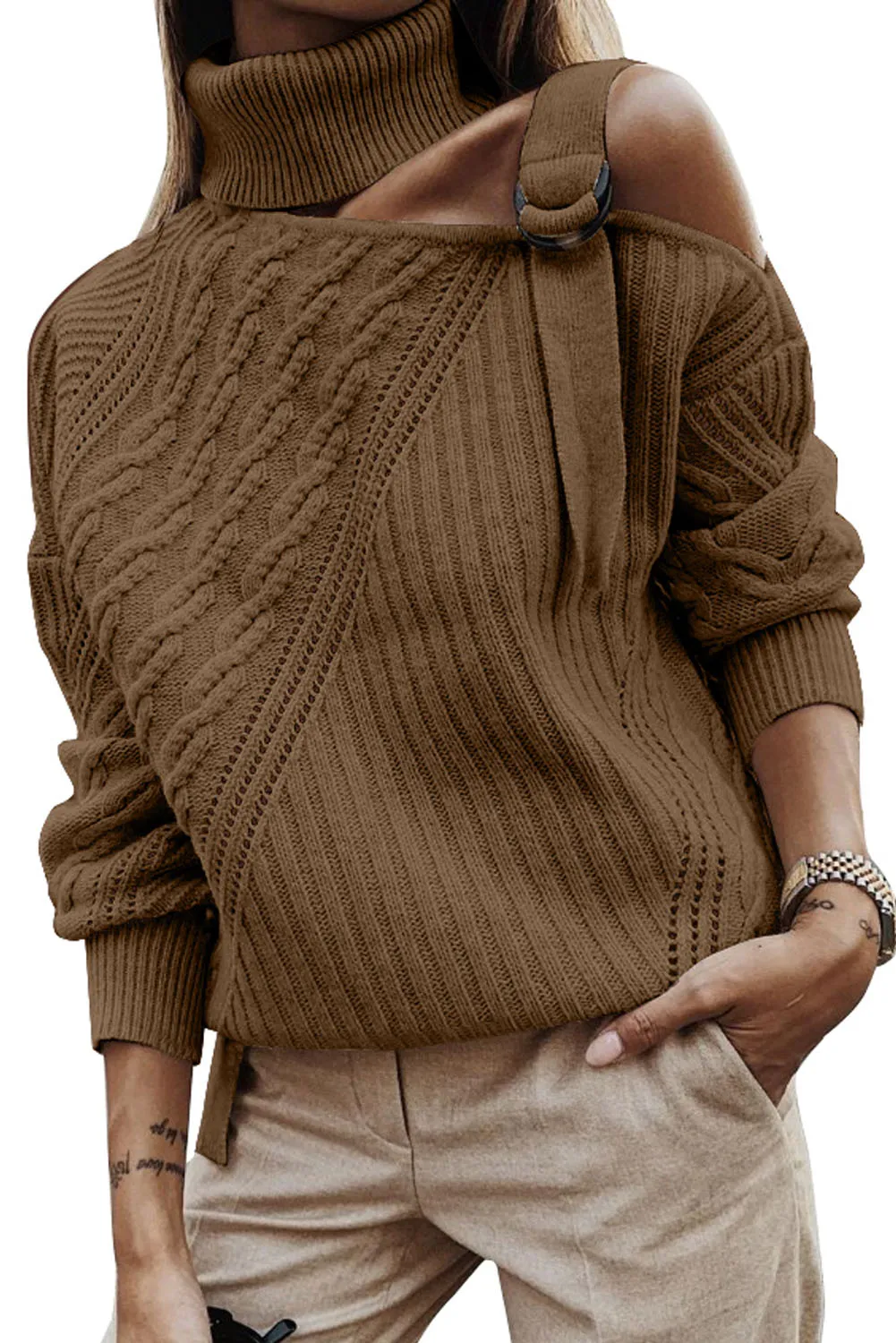 Women Solid Color Strapped Cut out Shoulder Turtleneck Sweater