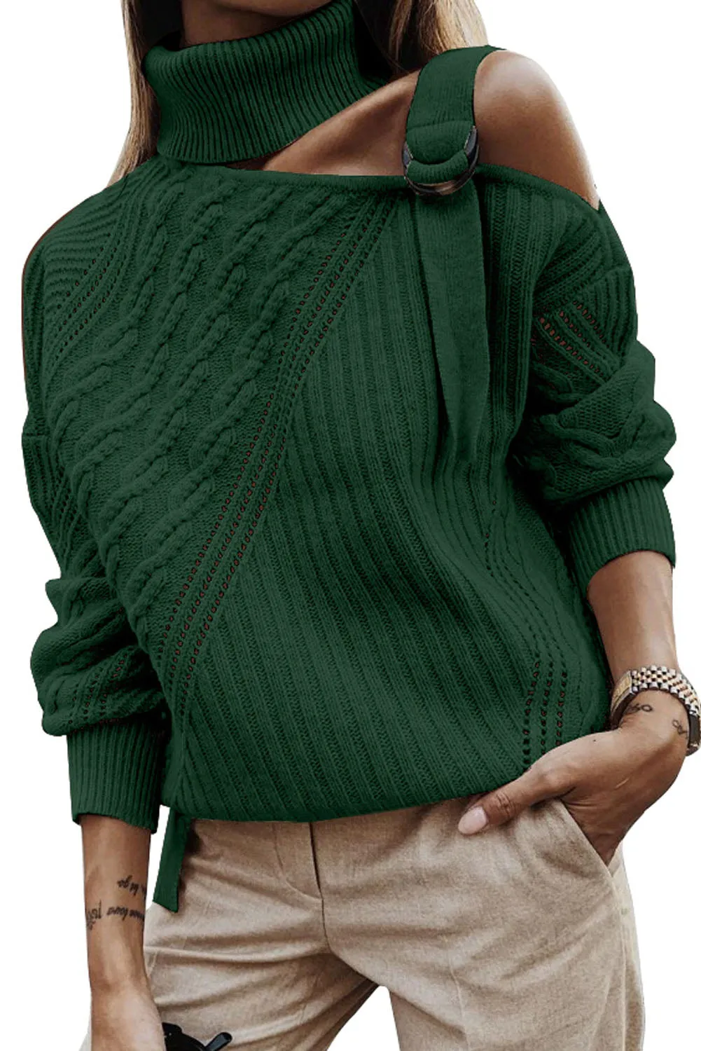 Women Solid Color Strapped Cut out Shoulder Turtleneck Sweater