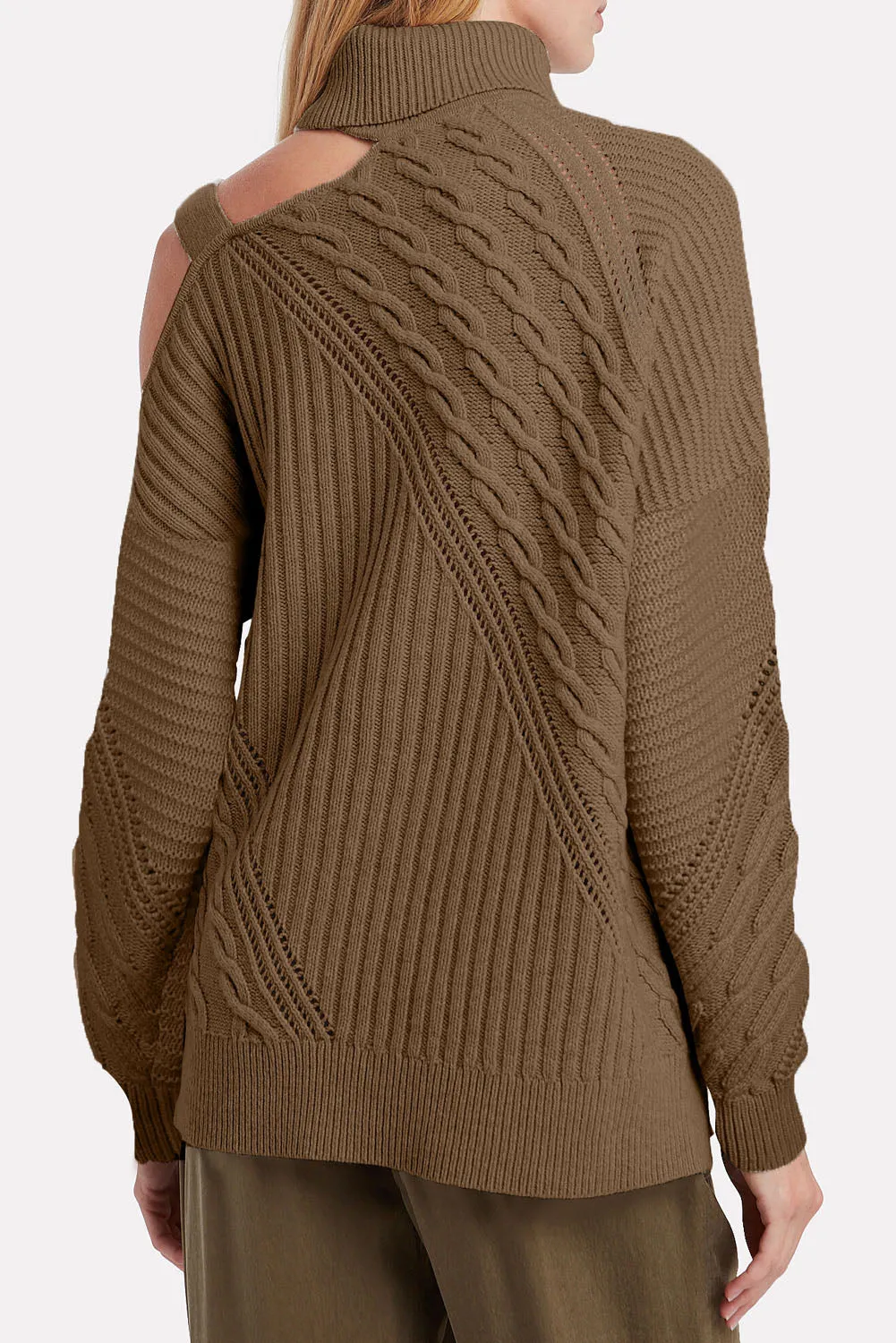 Women Solid Color Strapped Cut out Shoulder Turtleneck Sweater