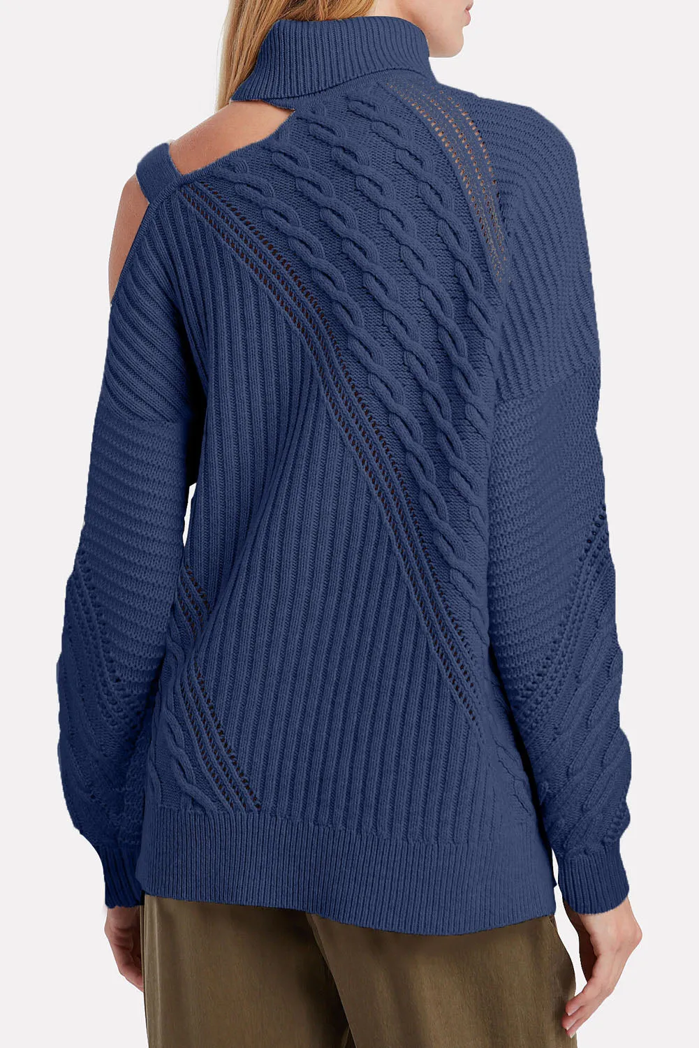 Women Solid Color Strapped Cut out Shoulder Turtleneck Sweater